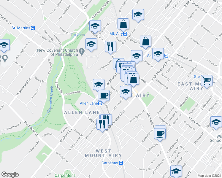 map of restaurants, bars, coffee shops, grocery stores, and more near 7234 Bryan Street in Philadelphia