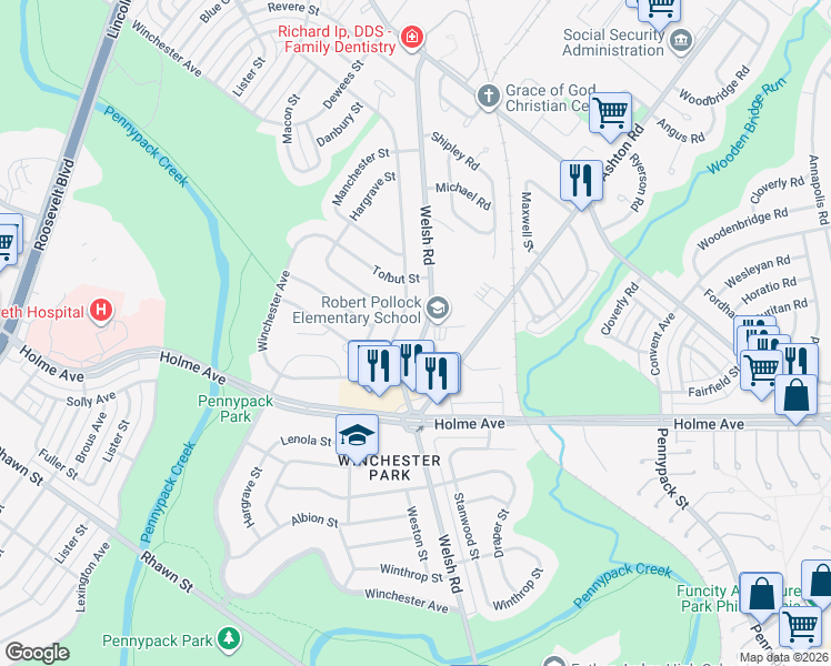 map of restaurants, bars, coffee shops, grocery stores, and more near 2868 Welsh Road in Philadelphia