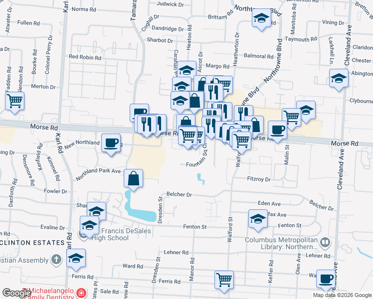 map of restaurants, bars, coffee shops, grocery stores, and more near 1889 Morse Rd in Columbus