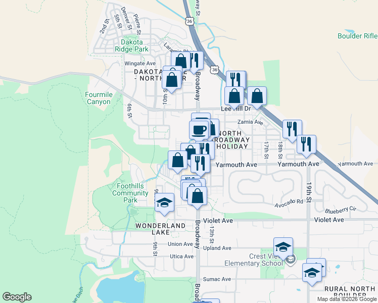 map of restaurants, bars, coffee shops, grocery stores, and more near 4645 Broadway in Boulder