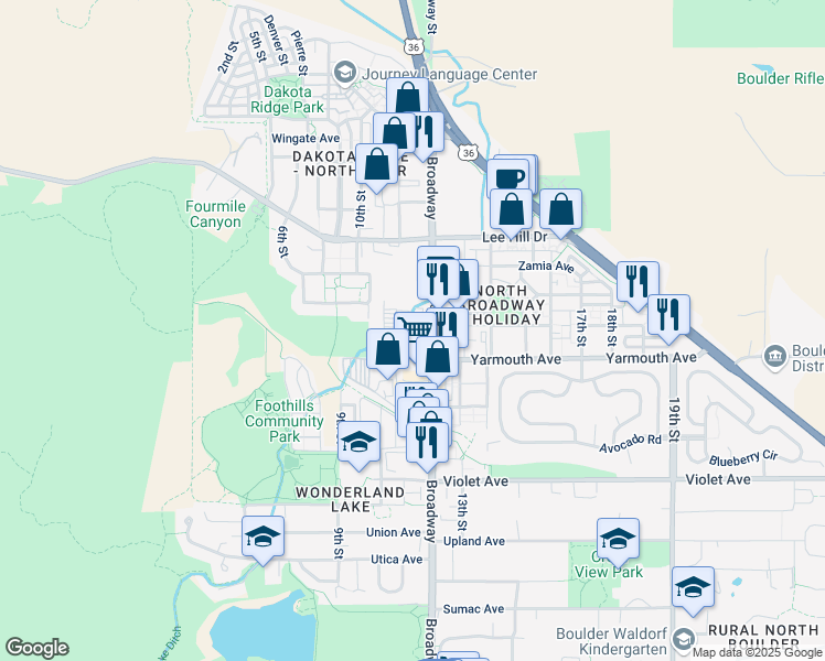 map of restaurants, bars, coffee shops, grocery stores, and more near 4645 Broadway in Boulder