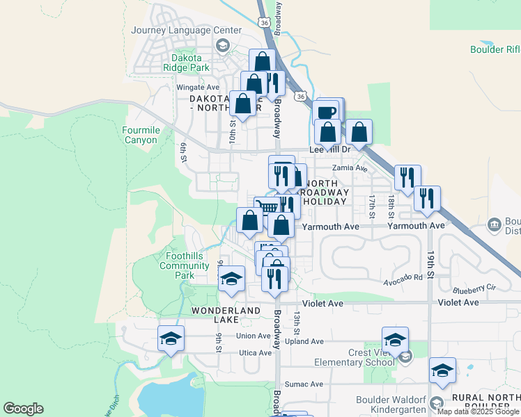 map of restaurants, bars, coffee shops, grocery stores, and more near 4645 Broadway in Boulder