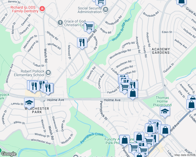 map of restaurants, bars, coffee shops, grocery stores, and more near 9056 Convent Avenue in Philadelphia