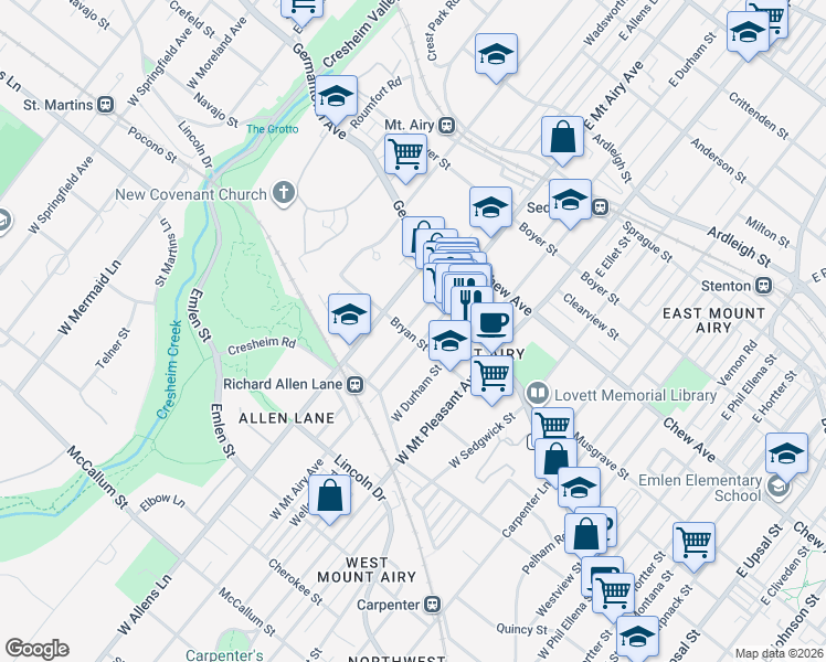 map of restaurants, bars, coffee shops, grocery stores, and more near 49 West Mount Airy Avenue in Philadelphia