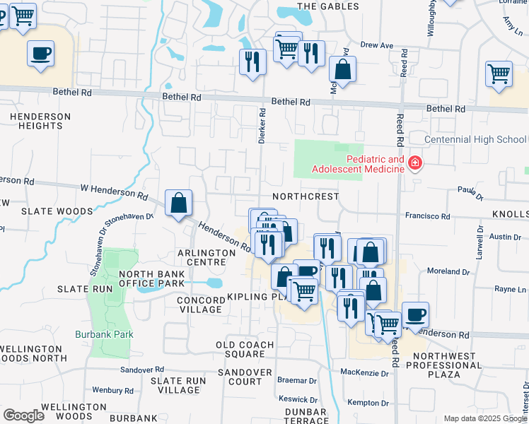 map of restaurants, bars, coffee shops, grocery stores, and more near 5020-5028 Dierker Road in Columbus