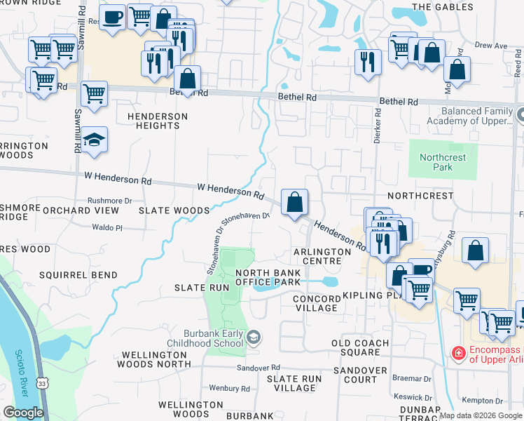 map of restaurants, bars, coffee shops, grocery stores, and more near 4921 Stonehaven Dr in Columbus
