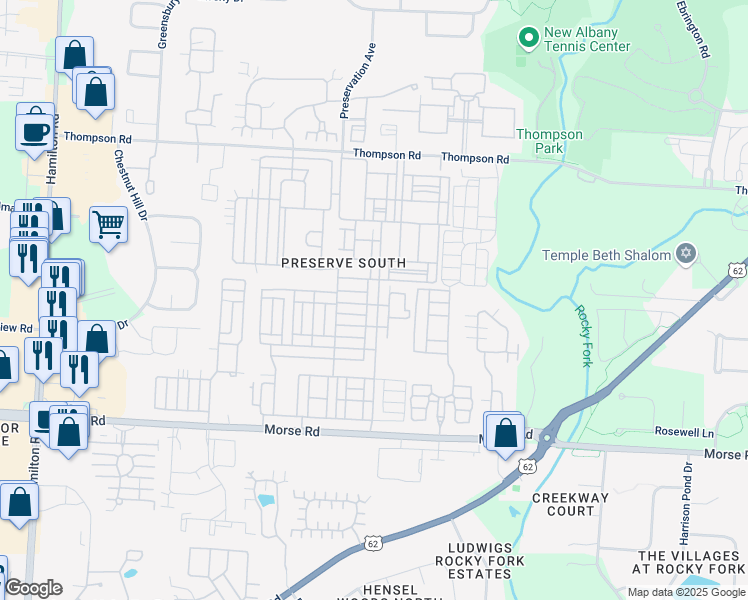 map of restaurants, bars, coffee shops, grocery stores, and more near 3853 Preserve Crossing Boulevard in Columbus