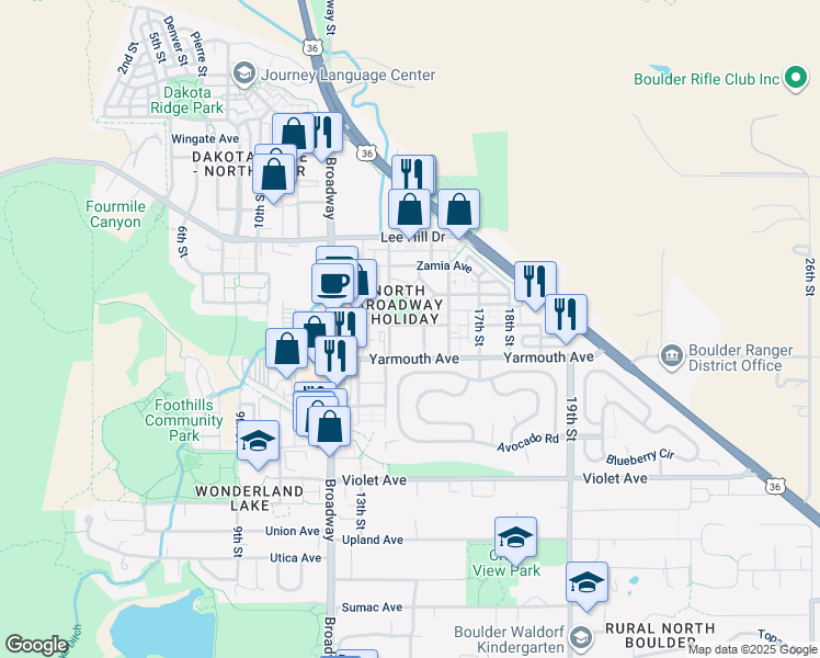 map of restaurants, bars, coffee shops, grocery stores, and more near 1494 Yaupon Avenue in Boulder