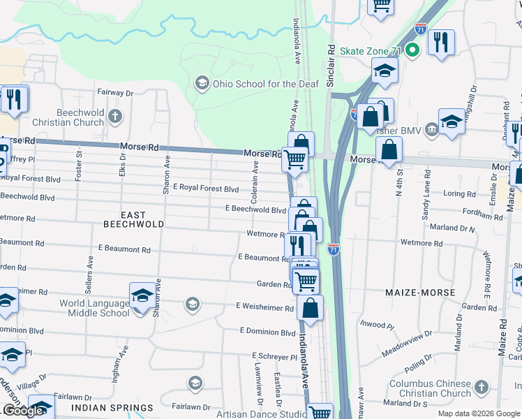 map of restaurants, bars, coffee shops, grocery stores, and more near 633 East Beechwold Boulevard in Columbus