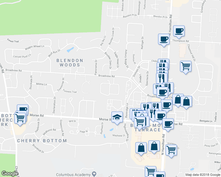 map of restaurants, bars, coffee shops, grocery stores, and more near 4072 Chennin Drive in Columbus