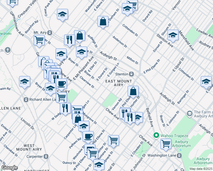 map of restaurants, bars, coffee shops, grocery stores, and more near 307 Meehan Avenue in Philadelphia