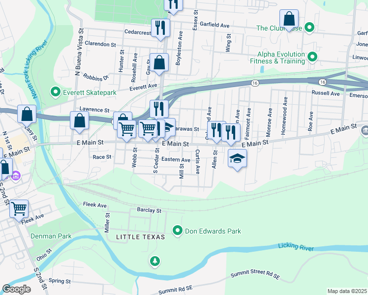 map of restaurants, bars, coffee shops, grocery stores, and more near 415 East Main Street in Newark