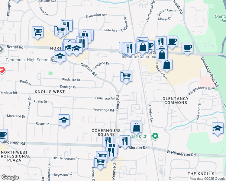 map of restaurants, bars, coffee shops, grocery stores, and more near 4925 Godown Road in Columbus