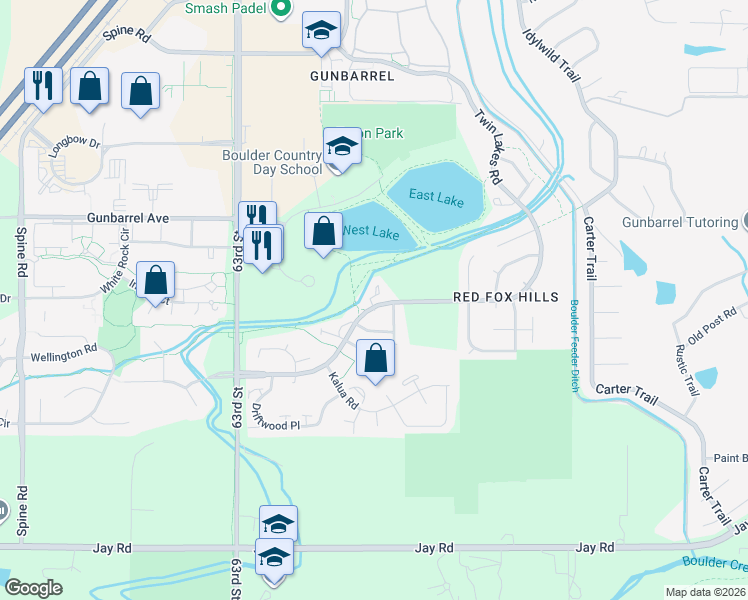 map of restaurants, bars, coffee shops, grocery stores, and more near 4640 Portside Way in Boulder