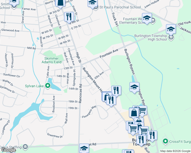 map of restaurants, bars, coffee shops, grocery stores, and more near 1405 Mount Holly Road in Burlington