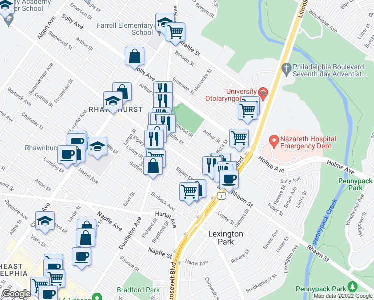 map of restaurants, bars, coffee shops, grocery stores, and more near 2300 Fuller Street in Philadelphia
