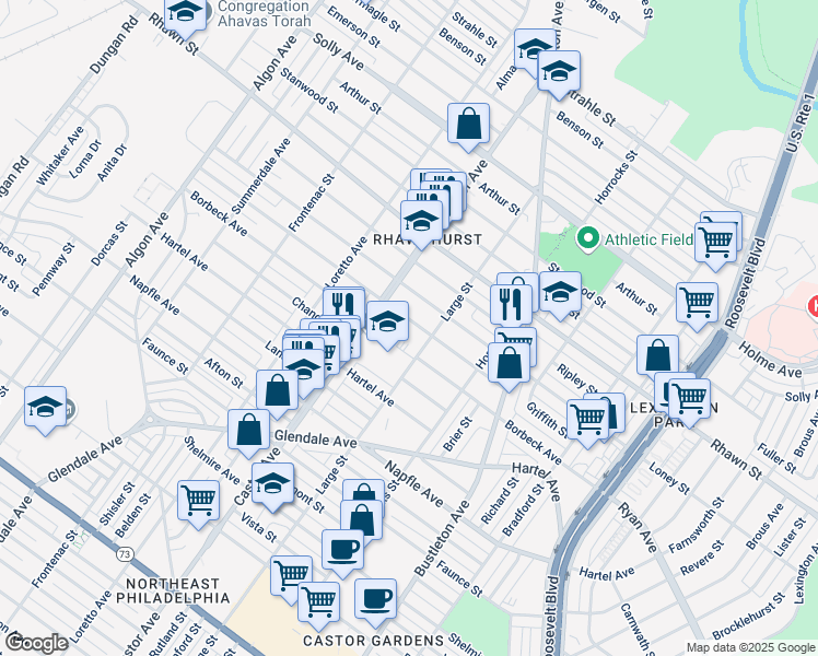 map of restaurants, bars, coffee shops, grocery stores, and more near 2028 Griffith St in Philadelphia