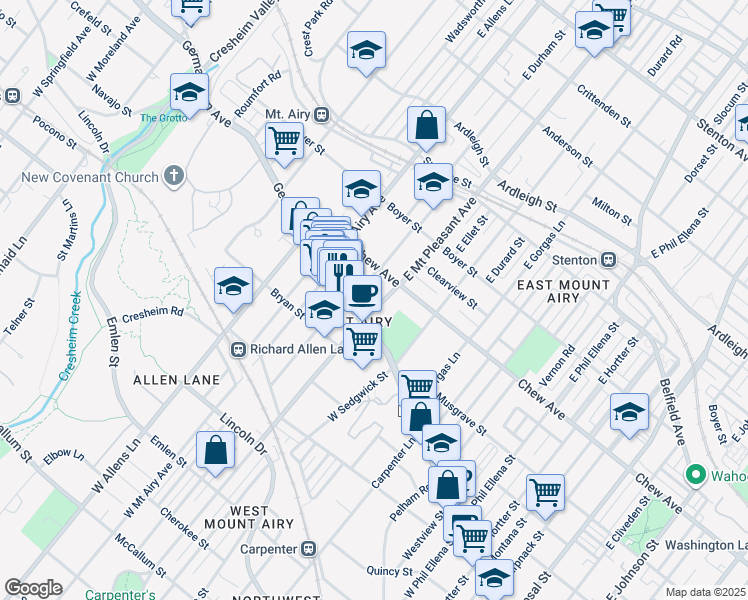 map of restaurants, bars, coffee shops, grocery stores, and more near 23 East Mount Pleasant Avenue in Philadelphia