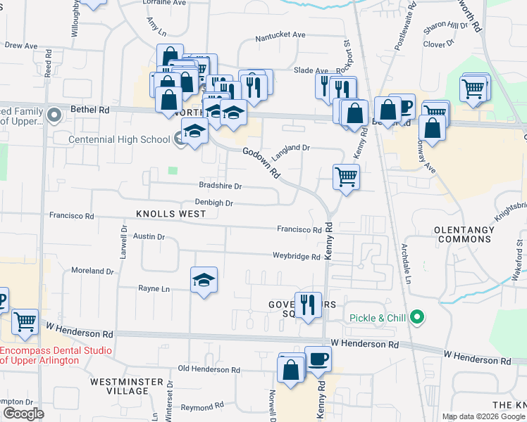 map of restaurants, bars, coffee shops, grocery stores, and more near 1275 Denbigh Drive in Columbus