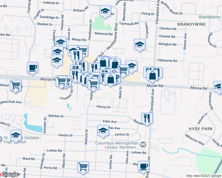 map of restaurants, bars, coffee shops, grocery stores, and more near 2245 Morse Road in Columbus