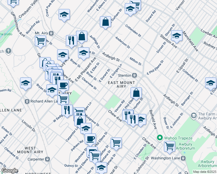 map of restaurants, bars, coffee shops, grocery stores, and more near 307 Meehan Avenue in Philadelphia