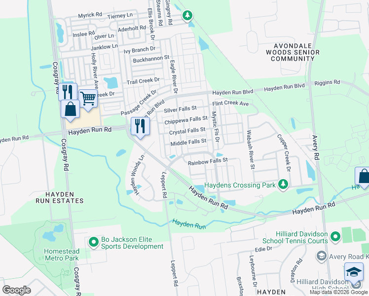 map of restaurants, bars, coffee shops, grocery stores, and more near 5271 Cross River Falls Boulevard in Dublin