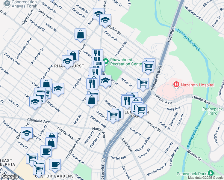 map of restaurants, bars, coffee shops, grocery stores, and more near 2300 Fuller Street in Philadelphia