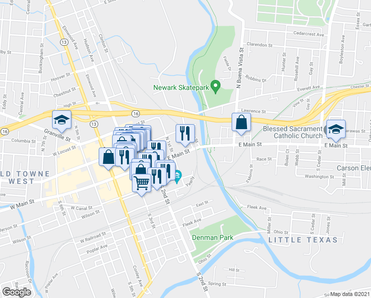 map of restaurants, bars, coffee shops, grocery stores, and more near 106 East Main Street in Newark