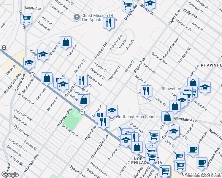 map of restaurants, bars, coffee shops, grocery stores, and more near 7505 Dorcas Street in Philadelphia