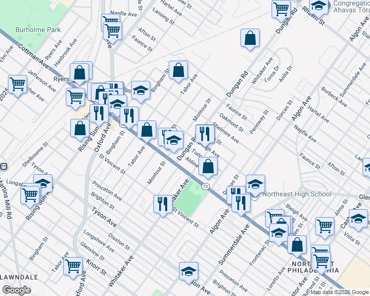 map of restaurants, bars, coffee shops, grocery stores, and more near 1327 Tudor Street in Philadelphia