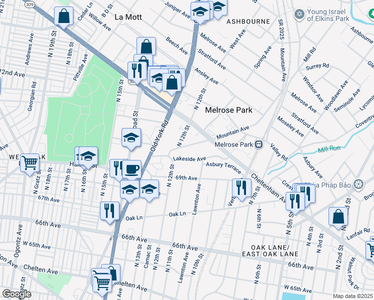 map of restaurants, bars, coffee shops, grocery stores, and more near 1100 70th Avenue in Philadelphia