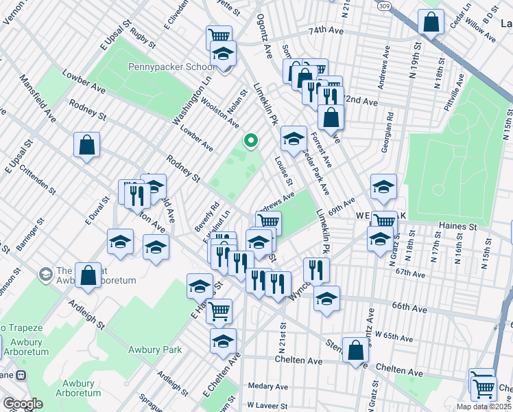 map of restaurants, bars, coffee shops, grocery stores, and more near 1608 Middleton Street in Philadelphia