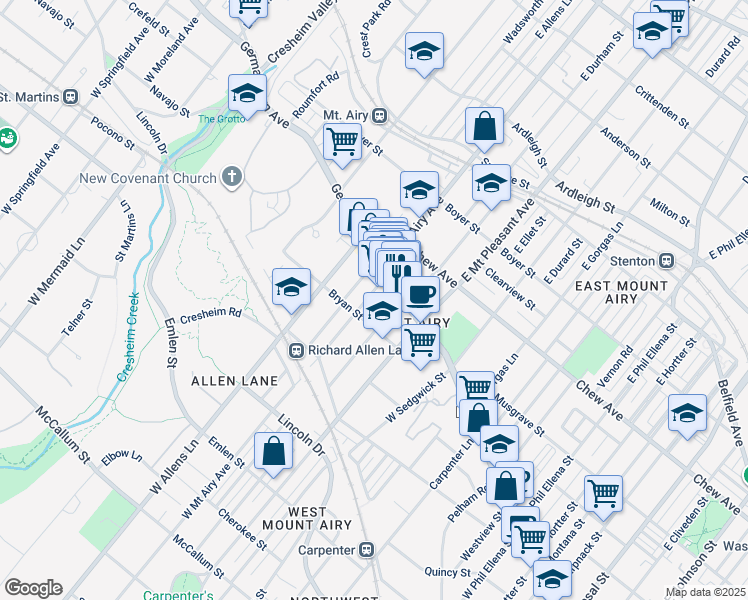 map of restaurants, bars, coffee shops, grocery stores, and more near 16 West Mount Airy Avenue in Philadelphia