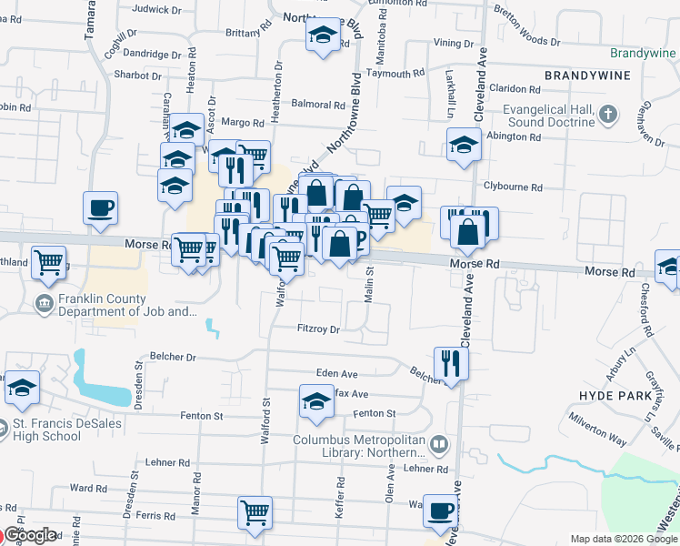 map of restaurants, bars, coffee shops, grocery stores, and more near 2245 Morse Road in Columbus