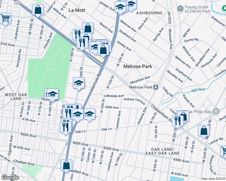 map of restaurants, bars, coffee shops, grocery stores, and more near 1100 70th Avenue in Philadelphia