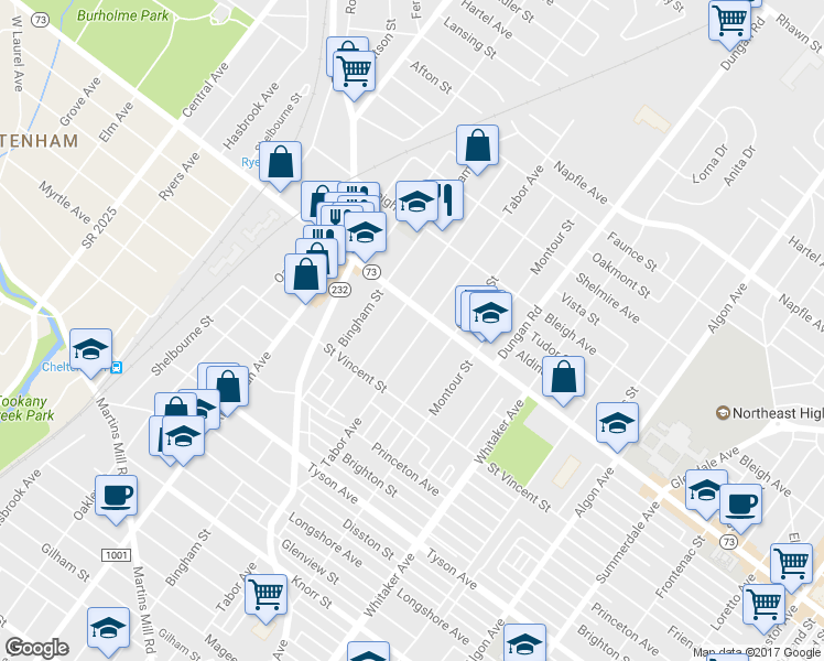 map of restaurants, bars, coffee shops, grocery stores, and more near 7252 Tabor Avenue in Philadelphia