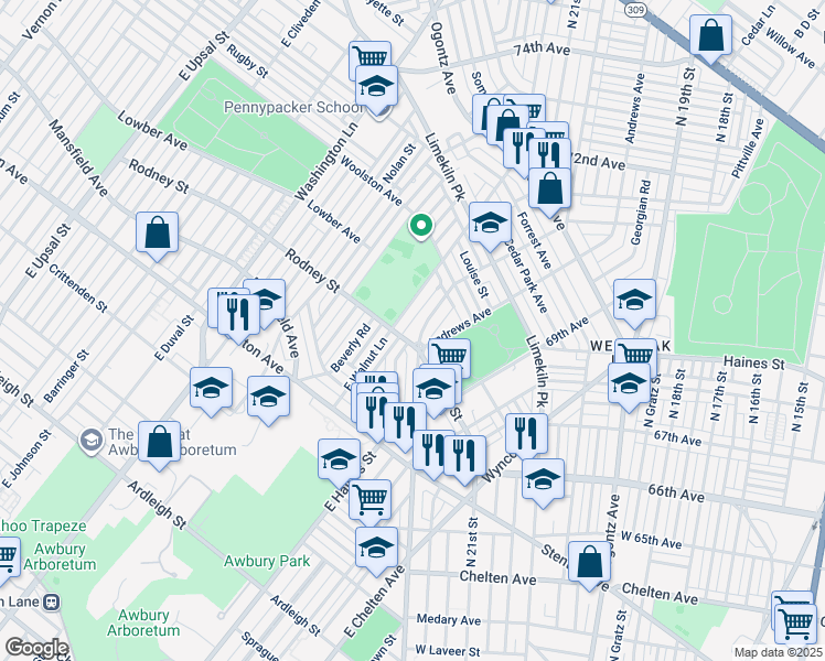 map of restaurants, bars, coffee shops, grocery stores, and more near 1611 Middleton Street in Philadelphia