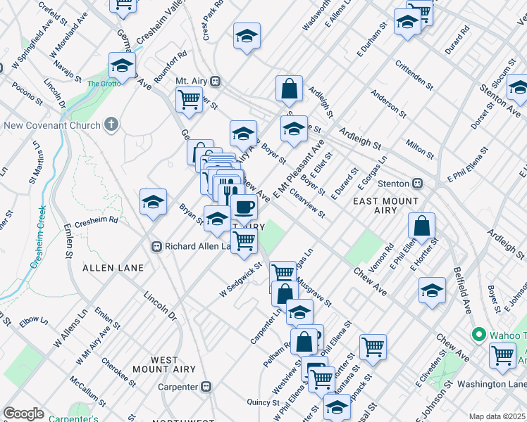 map of restaurants, bars, coffee shops, grocery stores, and more near 24 East Mount Pleasant Avenue in Philadelphia