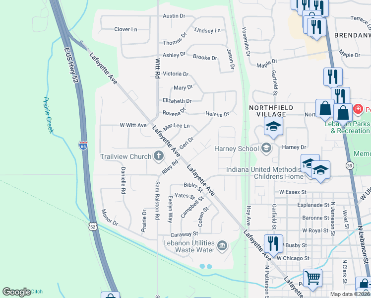 map of restaurants, bars, coffee shops, grocery stores, and more near 1405 Lafayette Avenue in Lebanon