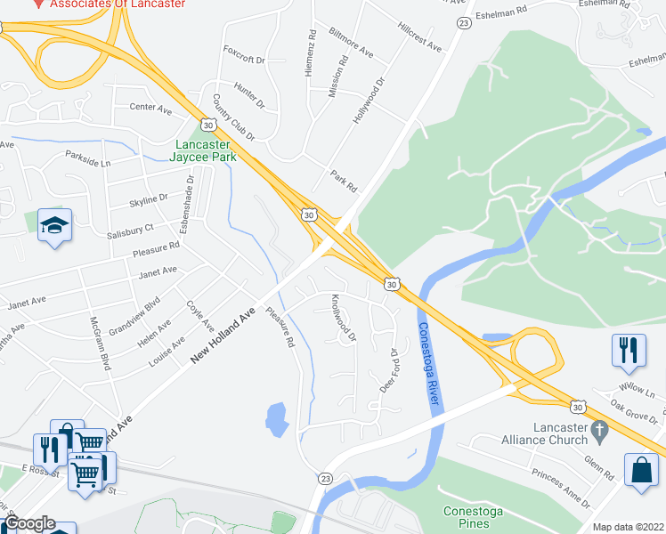 map of restaurants, bars, coffee shops, grocery stores, and more near 47 Toll Gate Station in Lancaster