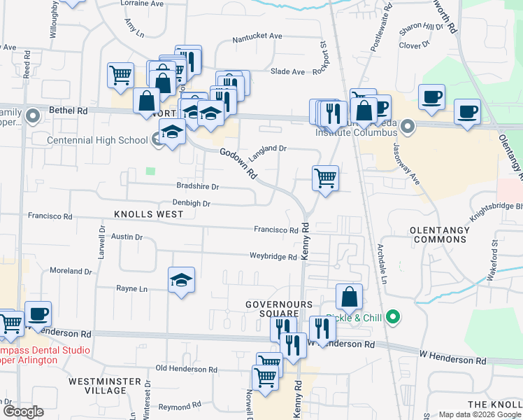 map of restaurants, bars, coffee shops, grocery stores, and more near 1219 Denbigh Drive in Columbus