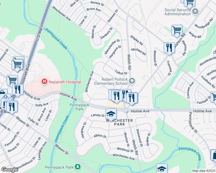 map of restaurants, bars, coffee shops, grocery stores, and more near 2757 Axe Factory Road in Philadelphia
