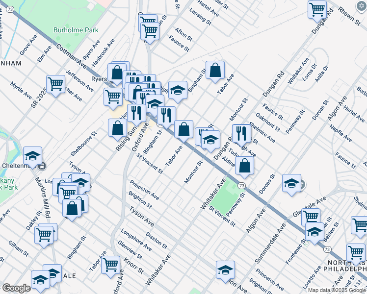 map of restaurants, bars, coffee shops, grocery stores, and more near 1202 Cottman Avenue in Philadelphia