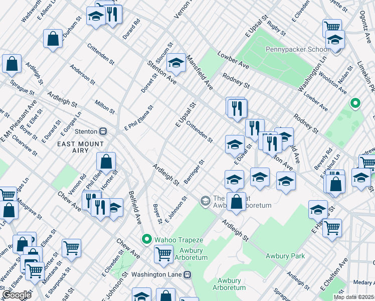 map of restaurants, bars, coffee shops, grocery stores, and more near 1206 East Cardeza Street in Philadelphia