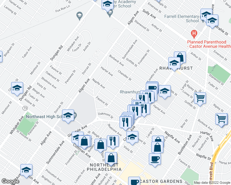 map of restaurants, bars, coffee shops, grocery stores, and more near 7700 Frontenac St in Philadelphia