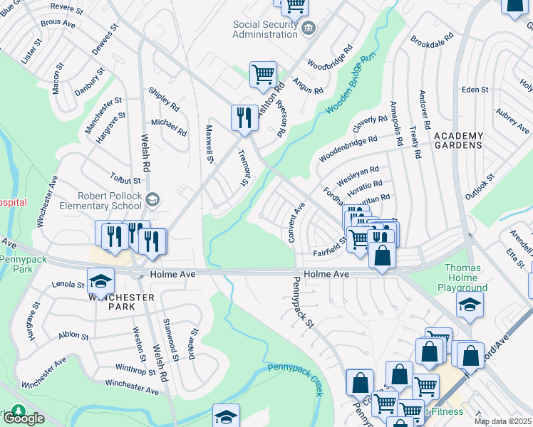 map of restaurants, bars, coffee shops, grocery stores, and more near 9005 Cloverly Road in Philadelphia