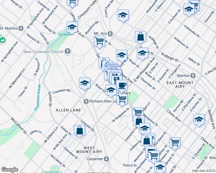 map of restaurants, bars, coffee shops, grocery stores, and more near 16 West Mount Airy Avenue in Philadelphia