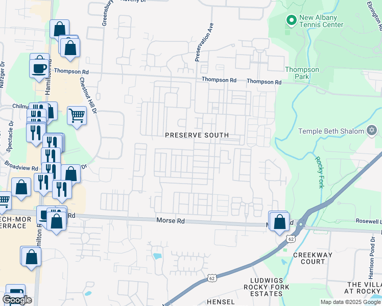map of restaurants, bars, coffee shops, grocery stores, and more near 3855 Rubythroat Drive in Columbus