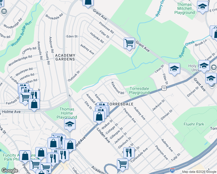 map of restaurants, bars, coffee shops, grocery stores, and more near 3815 Pearson Avenue in Philadelphia