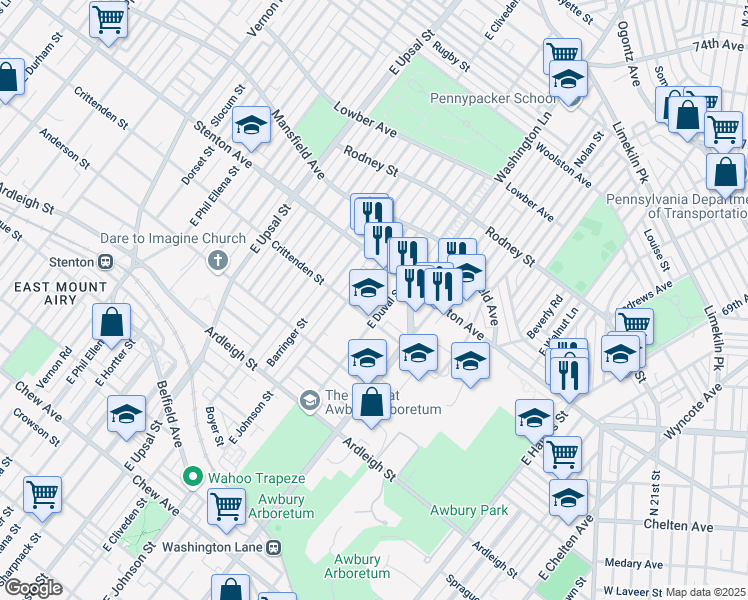 map of restaurants, bars, coffee shops, grocery stores, and more near 6325 Crittenden Street in Philadelphia